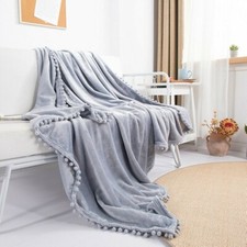 Fleece Throw Blanket with Pom Pom Fringe Super Soft Lightweight for Bed Couch