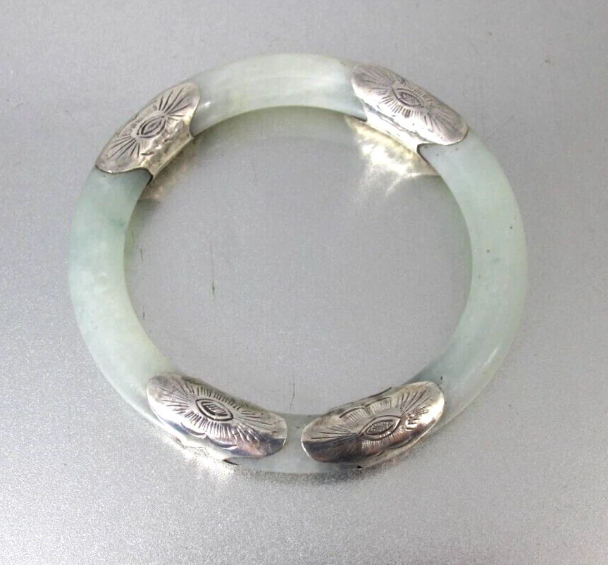 Vtg. Chinese Export Sterling Silver Nephrite Jade Bangle Bracelet - Image 3 of 4