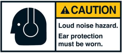 Warnaufkleber ''CAUTION Loud noise hazard. Ear protection..''35x80/45x100/70x160mm