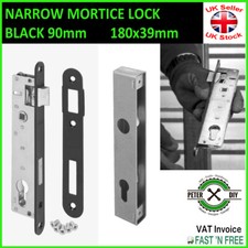 NARROW MORTICE LOCK BLACK 90mm Door Bolt Catch EURO HANDLE Lock 180x39mm