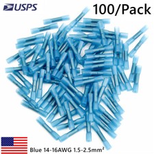 100pcs 14-16 Gauge Blue AWG Heat Shrink Butt Wire Connectors Crimp Terminals US
