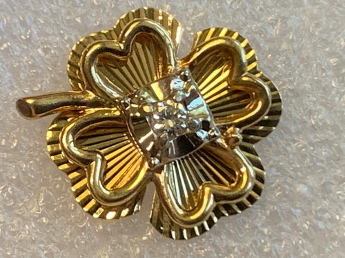 14K Yellow Gold Diamond Tie Tack 2.35g Fine Jewelry Lucky Four Leaf Clover Pin - Picture 16 of 24