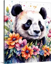 Panda Bear with Flowers JUMBO Canvas Wrap Prints to 38x50 wild animals