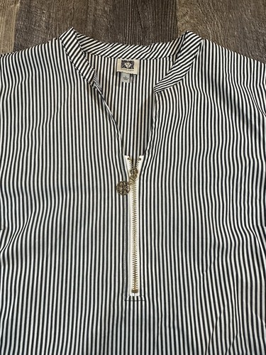 Anne Klein Blouse Top Women's Sz Large Black White Stripe Lace Waist Gold Zipper - Picture 3 of 17