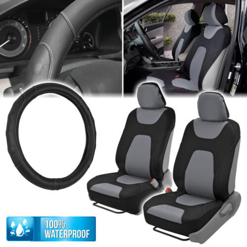 Waterproof Slip-On Gray Car Seat Covers with Universal Leather Steering Wheel Cover-image