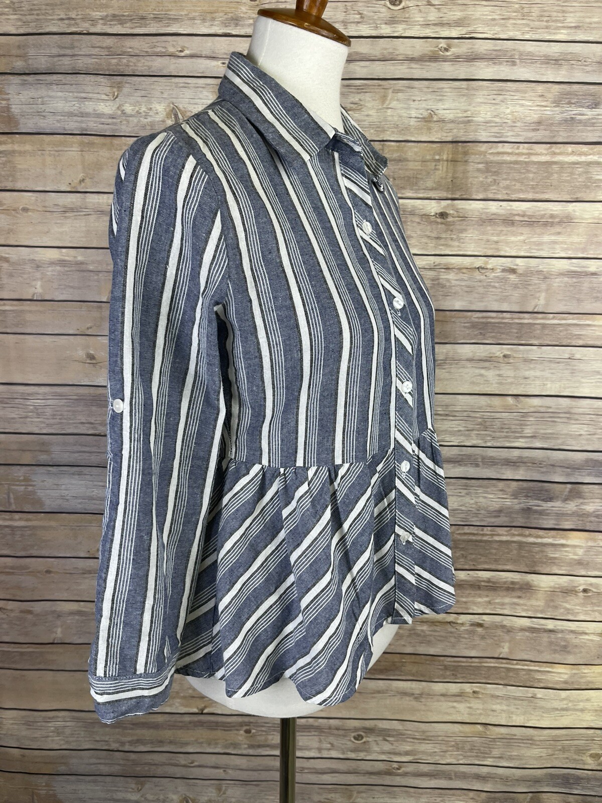 Love Notes Medium Button Front Blouse Blue White … - image 7