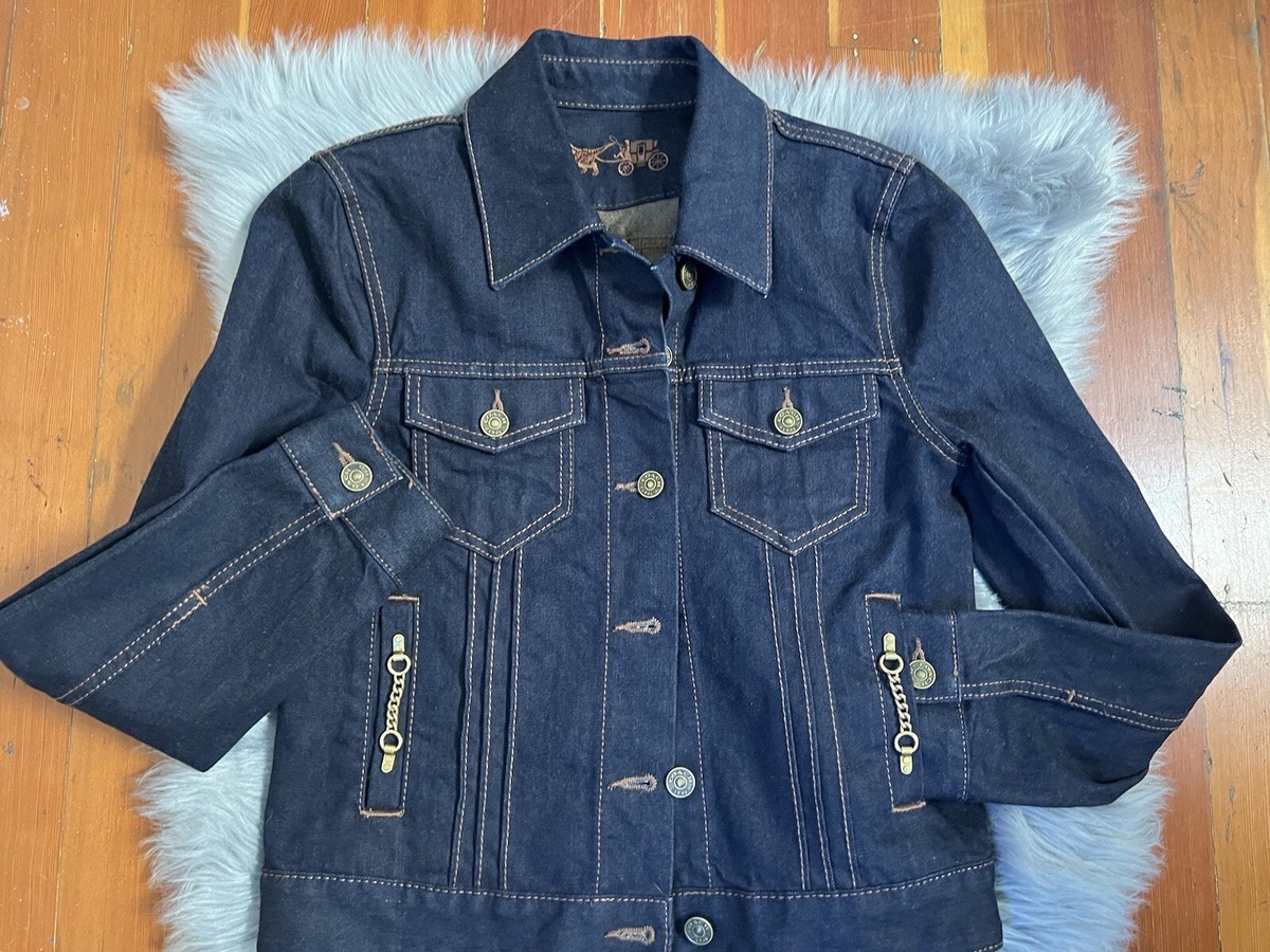 Coach 1941 Everyday Logo Dark Denim Jean Jacket Gold Chain Leather