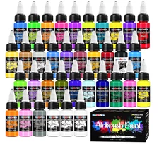 Airbrush Paint Set 34 Colors Acrylic Air brush Kit 2 Thinner Ready Spray DIY
