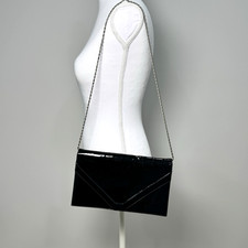 Vintage Black Patent Finish Vinyl Envelope Clutch Handbag Chain Strap