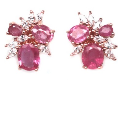 Thai Handmade 5 x 6 mm. Pink Ruby & Cubic Zirconia Statement Earrings
