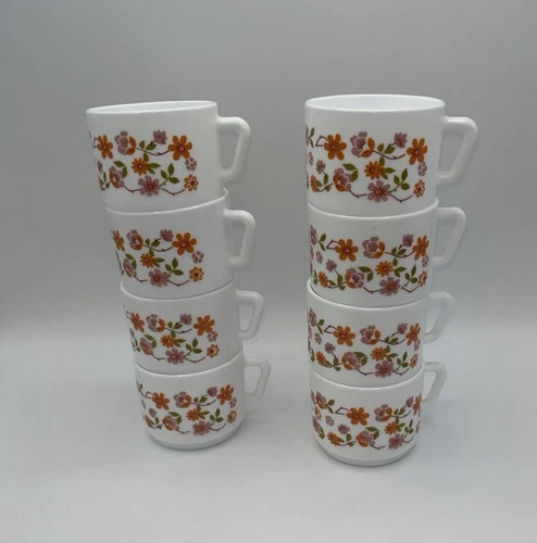 Vtg Arcopal France White Milk Glass Floral  Stackable Coffee Mugs Set Of 8