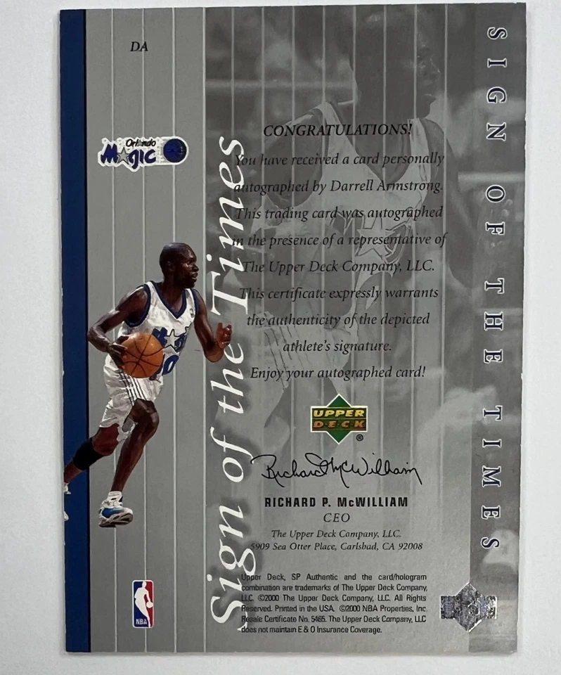 2000 Upper Deck SP Darrell Armstrong Sign of the Times Auto AR136 - Image 2 of 2