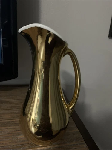 Vintage Haeger Pottery Pitcher 22K Gold Plated Vase USA