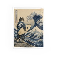 Surfing Cat Hokusai Wave Indoor Wall Tapestry Japanese Ukiyo-e