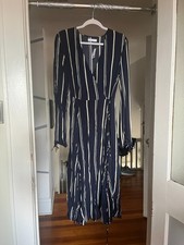 NWT Urban Outfitters Navy Blue Striped Midi Wrap Dress Women's Long Sleeve -Med