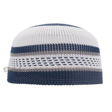 White and Navy Blue with Gray Stripes Hat - 100 Nylon Muslim Kufi Skull Cap