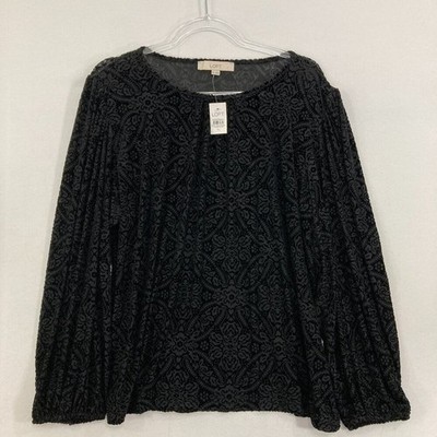New LOFT sz XL Black Velvet Burnt-out Floral Abstract Stretch Puff Sleeve Blouse
