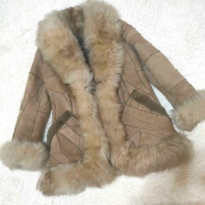 Shearling Fur Coat Patchwork Beige Good Used 66cm26in