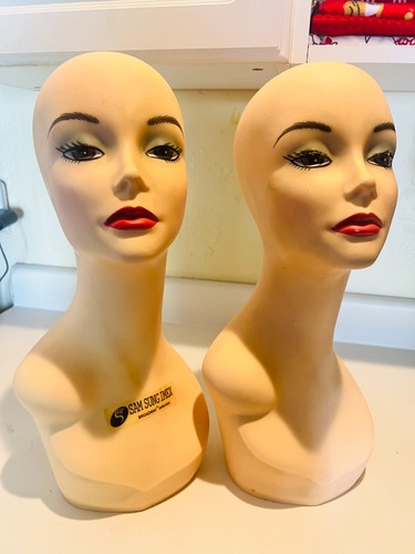 TWO VINTAGE MID-CENTURY STYLE swan neck painted female Mannequin heads!