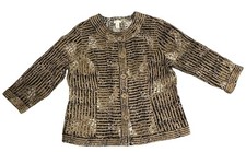 Chicos Women Blazer Sz L Tan/Brown Striped Textured Boho Artsy 3/4Slv Reversible