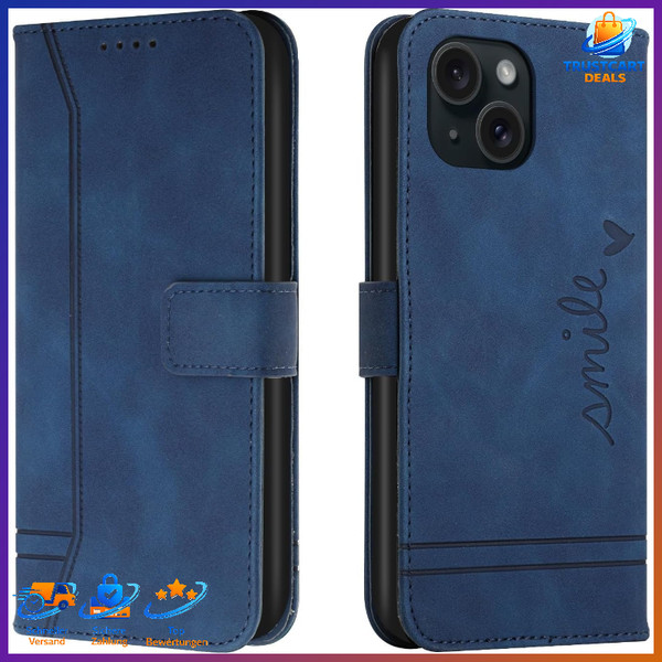 HandyhüLle Klappbar Mit Kartenfach Leder Wallet Flip Case Blau FüR Iphone 15-image