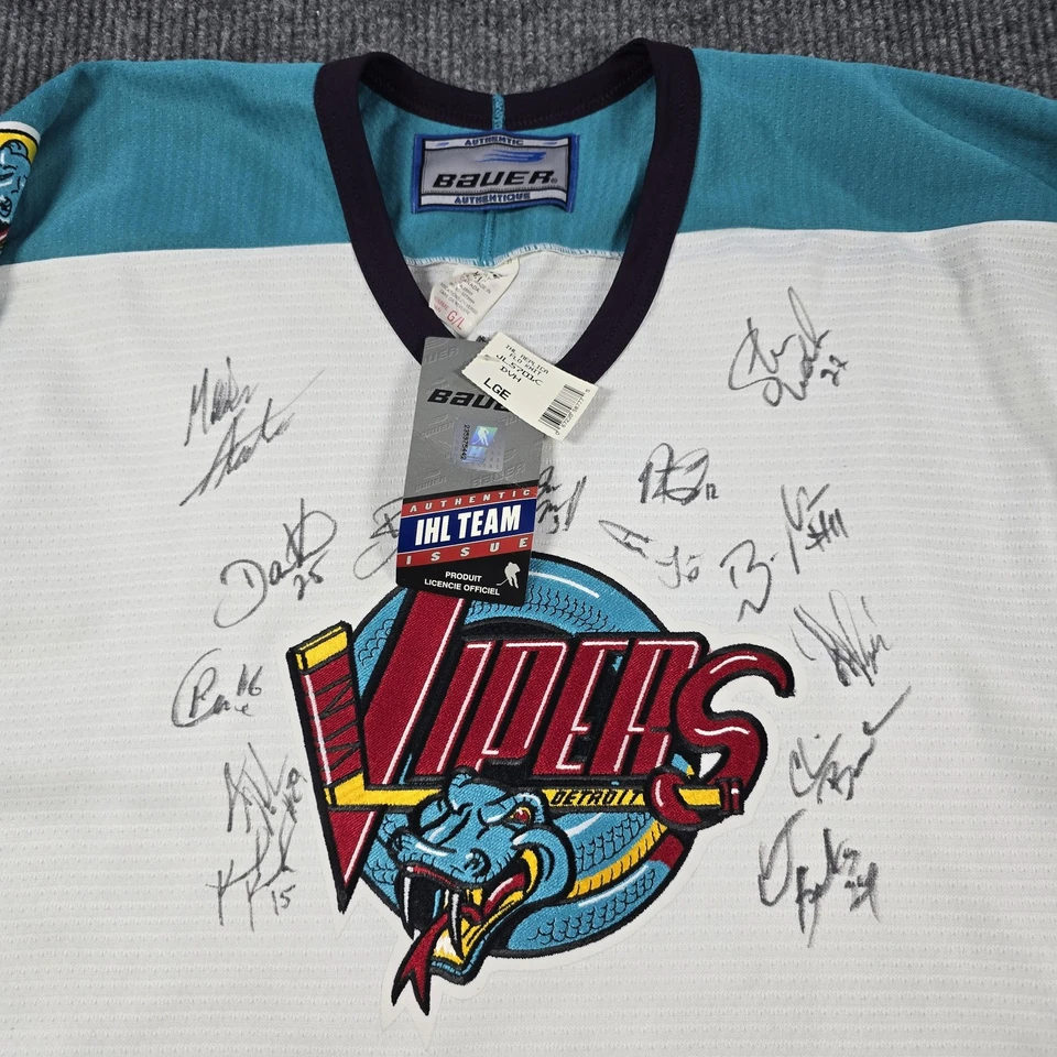 Camiseta De Colección Detroit Vipers Para Hombre Grande Blanca Azul IHL Hockey Autografiada Años 90 Foto 4 de 4