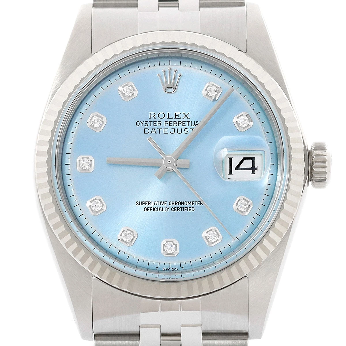Rolex Mens Datejust 18K White Gold & Stainless Steel Ice Blue Diamond Dial Watch