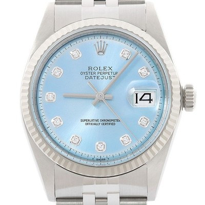 Rolex Datejust 18K Weiss Gold & Ss Eisblau Diamant Zifferblatt Jubiläum Band Uhr