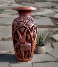 Large 12" Tall OOAK Asian Wooden Hand Carved Vase; Jungle with Elephants