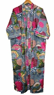 Indian Tropical print 100% cotton Gray robe gown Boho women maxi kimono dress
