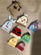 LOT OF 8: BABY GIRLS HAND KNIT SILLY HATS..... NEW  SIZE 6-18 MO