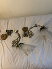 Victorian converted pair of brass wall lights with original glass shades