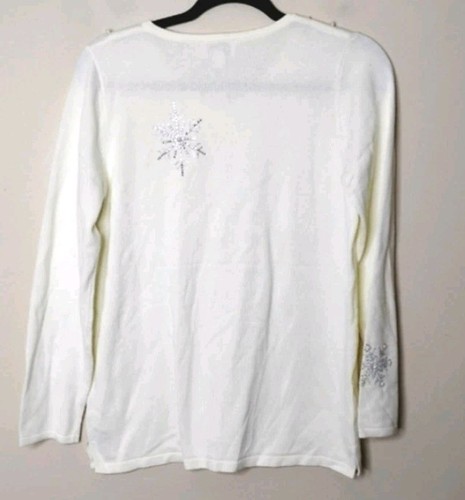 Quacker Factory Snowflake Sweater XS Cream V-Neck Rhinestone & Pearl Embellished - Picture 6 of 10