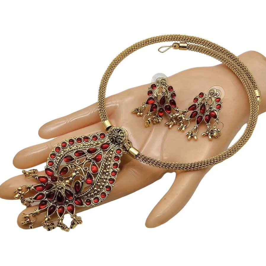 Gargantilla Collar Tono Dorado Pendientes Glam Kundan Conjunto Estrás Rojo Boho Étnico Foto 3 de 4