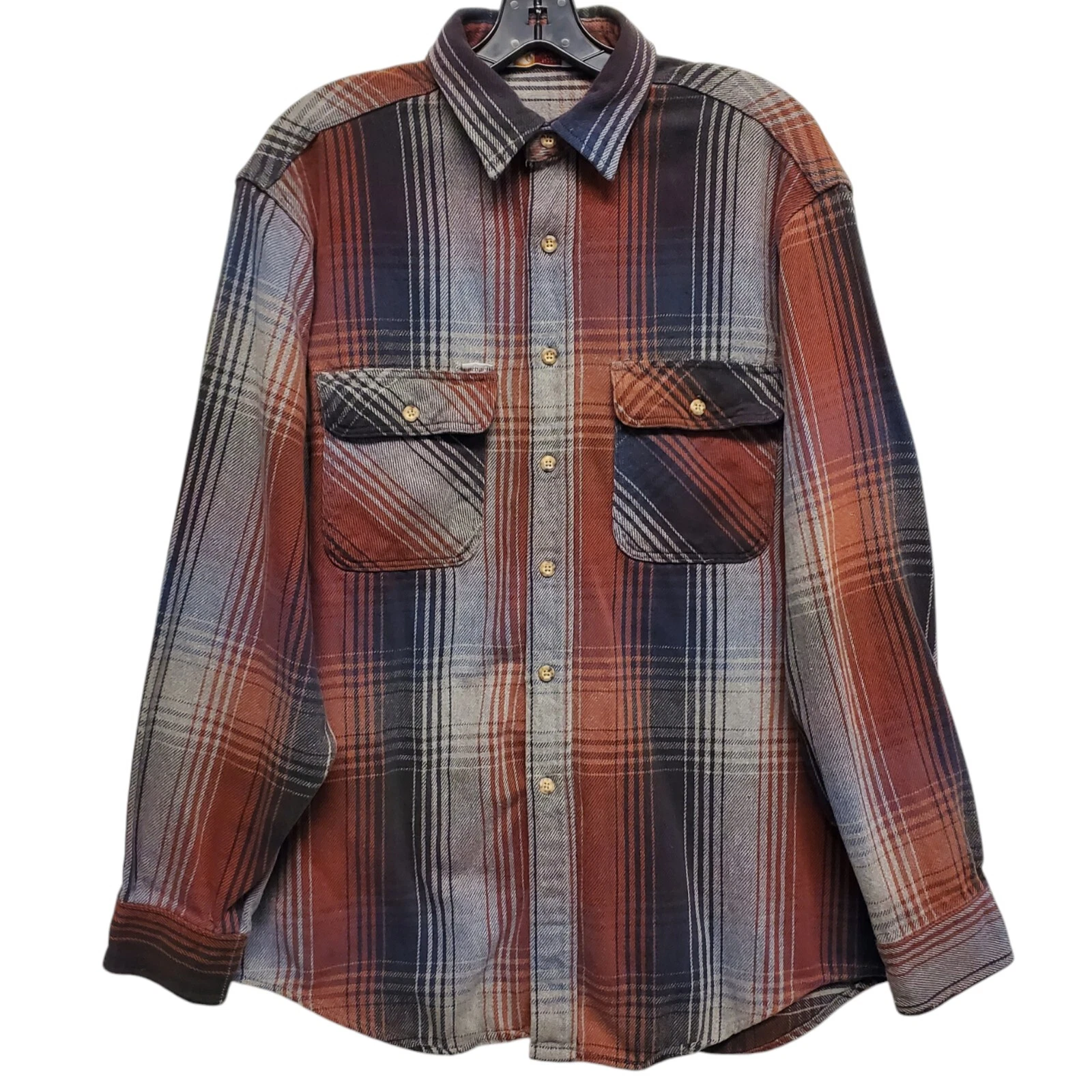 CARHARTT Shirt Men Large Brown Striped Plaid Flannel Pearl Snap Outdoor Workwear