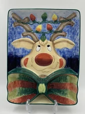 Clay Art Reindeer Chip 'n Dip Platter Christmas Serving Platter 3 Compartments