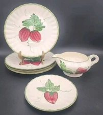 6-blue ridge pottery Plates, Gravy Boat, Wild Strawberry Colonial Green Trim
