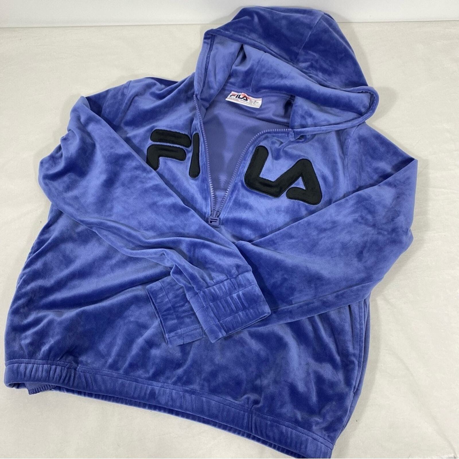 Fila maglione donna velluto felpa con cappuccio viola piccolo blu mezza zip sportivo