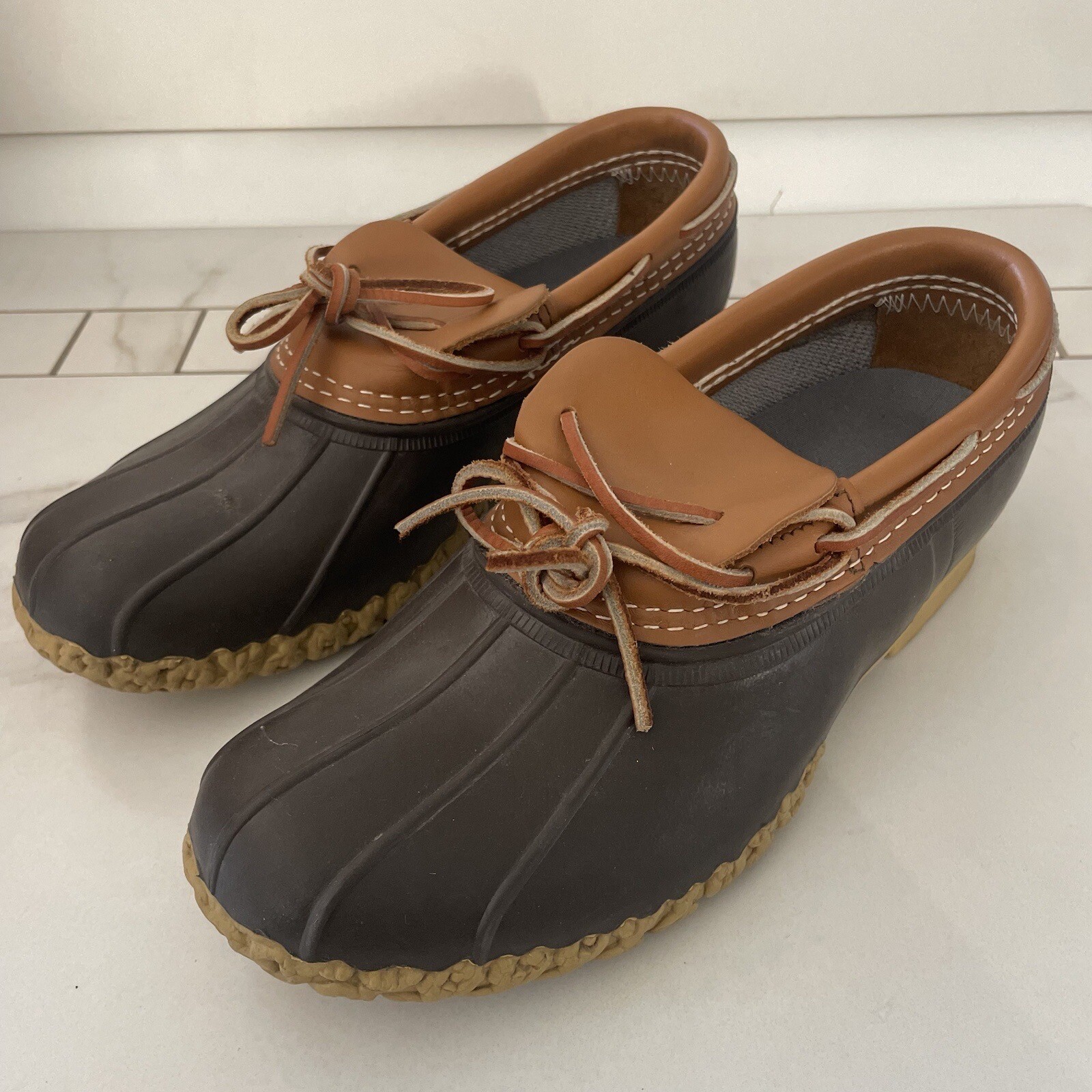LL Bean Mocs Duck Boots Womens 8 Brown Leather Rubber Rain Waterproof Made USA