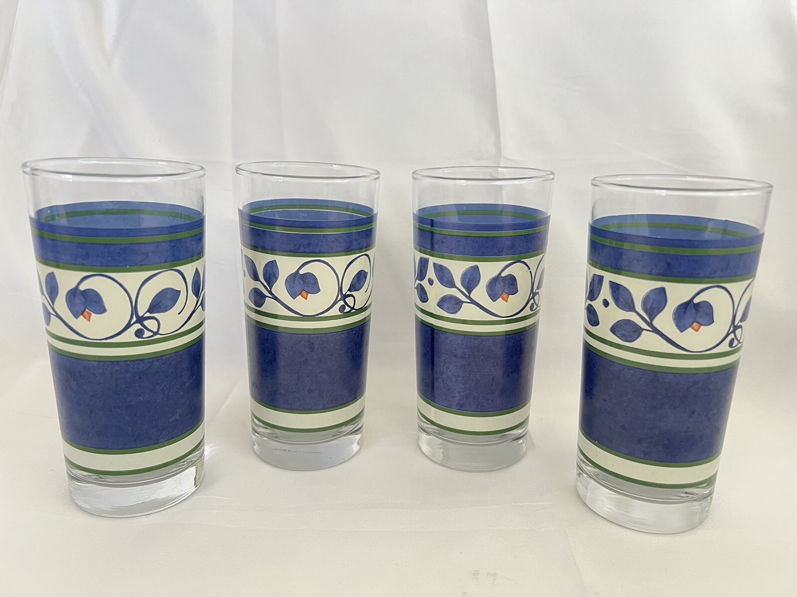 Pfaltzgraff ORLEANS Blue Green Vines Yellow 16oz Glassware Cooler Tumblers Set 4