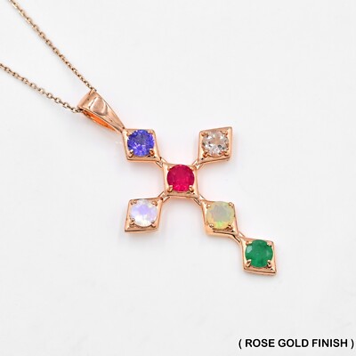 Natural Multi Color Stone Cross Pendant 925 Sterling Silver December  Birthstone