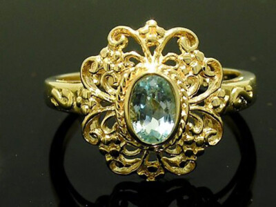 R141 Genuine 9K, 10K, 14K or 18K Solid Gold Natural Aquamarine Filigree Ring