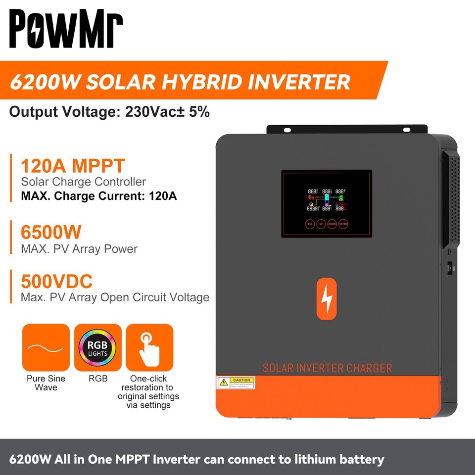 PowMr 6200W Solar Hybrid Inverter 48V DC to 220V AC 120A MPPT Solar ...