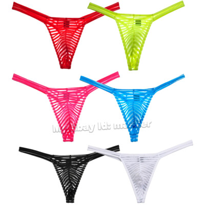 6 Pairs Seductive Mens Striped Thong See Through Mesh String Micro Bikini T-Back