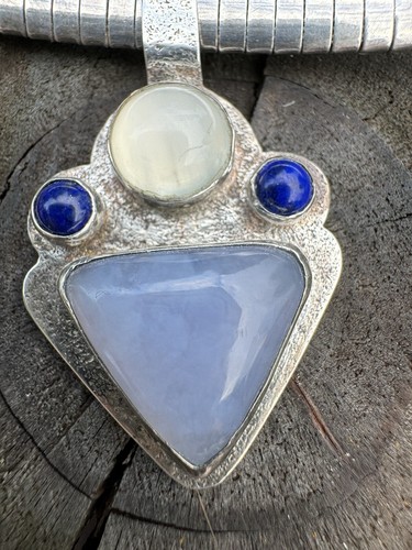 Jewerly Italy .925 SS Omega Necklace 16” Blue Chalcedony Cat Eye Moonstone Rare - Picture 18 of 22