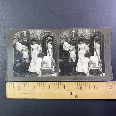 Women Getting Changed into Bridal Wear Stereoview Antique c1902 Y11325