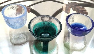 Set of 3 Japanese sake glasses with colorful design, used, for display