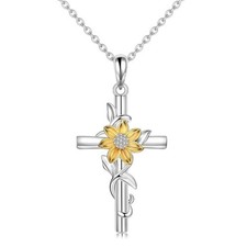 Sterling silver sunflower women's necklace, cross necklace, adjustable 20in