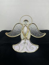 Vintage White Stained Glass Angel Suncatcher Candle Holder Heart Crystal 7"