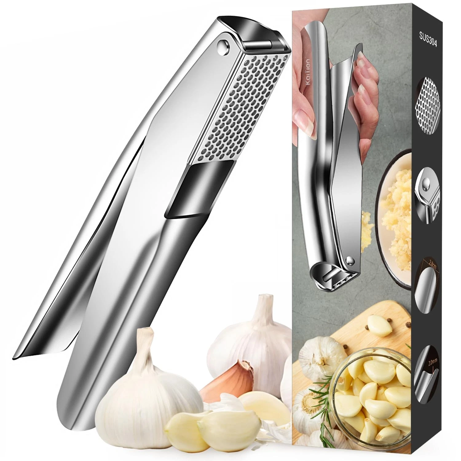 Stainless Steel Garlic Press, Premium Garlic Press Leakproof, Easy Care, R...
